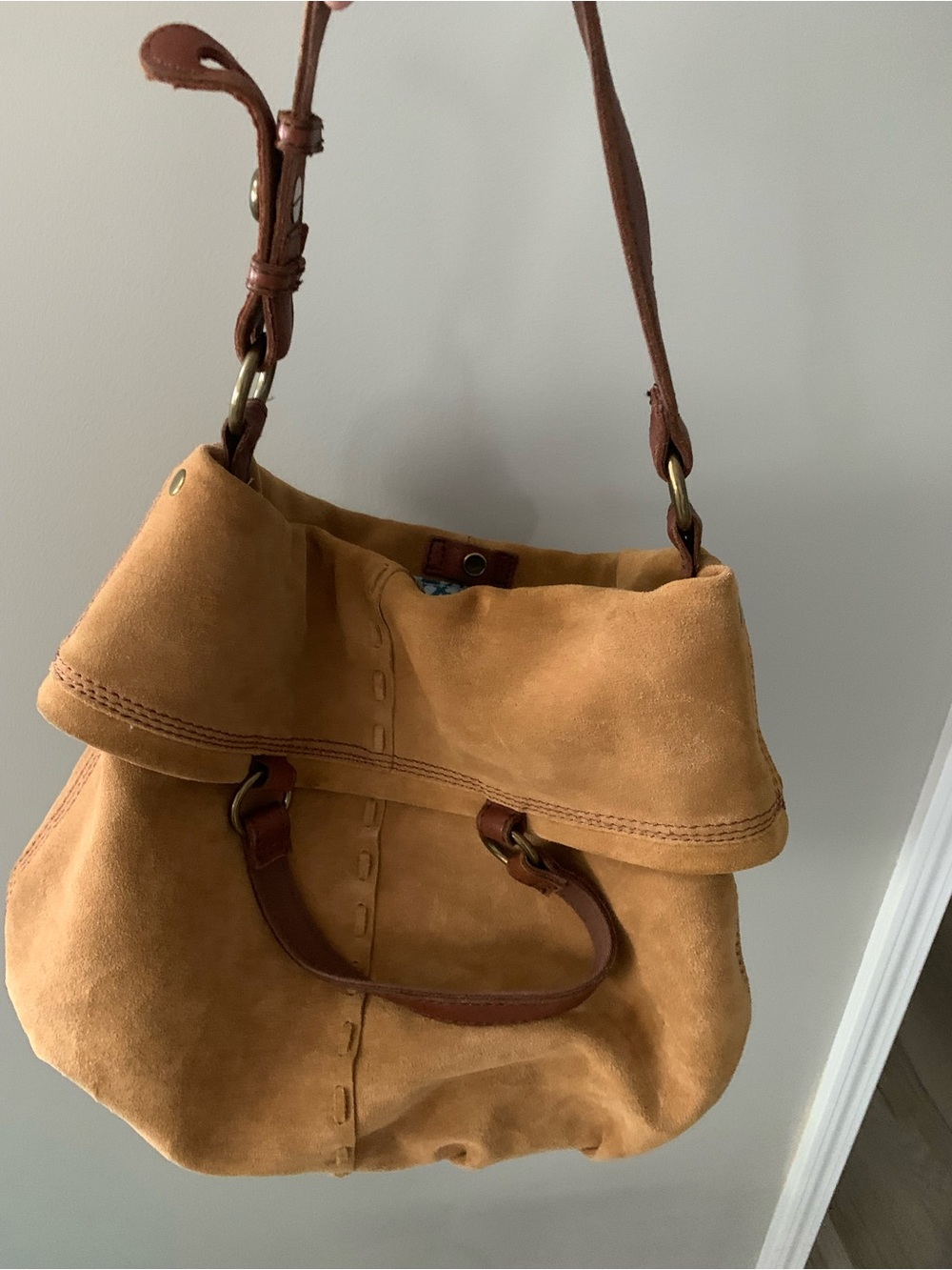 Lucky Brand Suede Shoulder Bag in Camel Tan with Brown Trim
